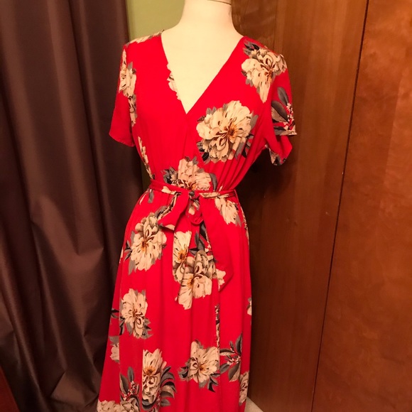 Red floral high low mock wrap dress - Picture 1 of 5